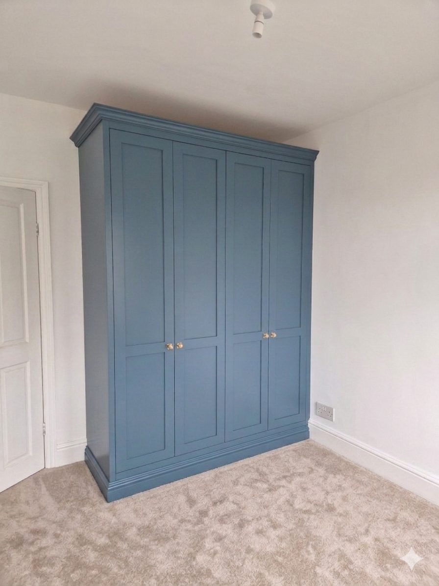 Blue freestanding wardrobe with brass knobs